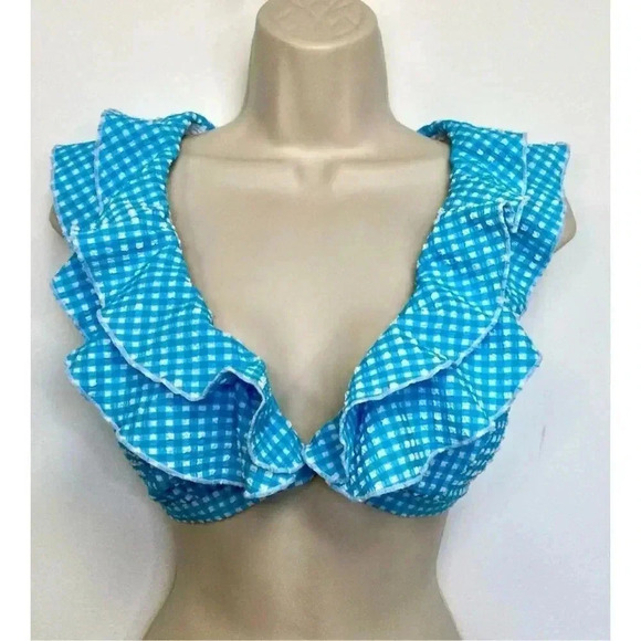 Lilly Pulitzer Womens 14 Aelin Bikini Top Turquoise Blue Gingham Print Ruffles - Picture 1 of 12